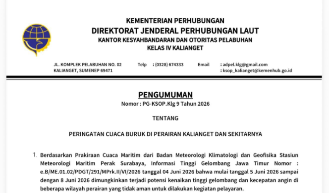
					Kantor KSOP Kelas IV Kalianget Resmi Edarkan Surat Peringatan Cuaca Buruk di Perairan Kalianget dan Sekitarnya